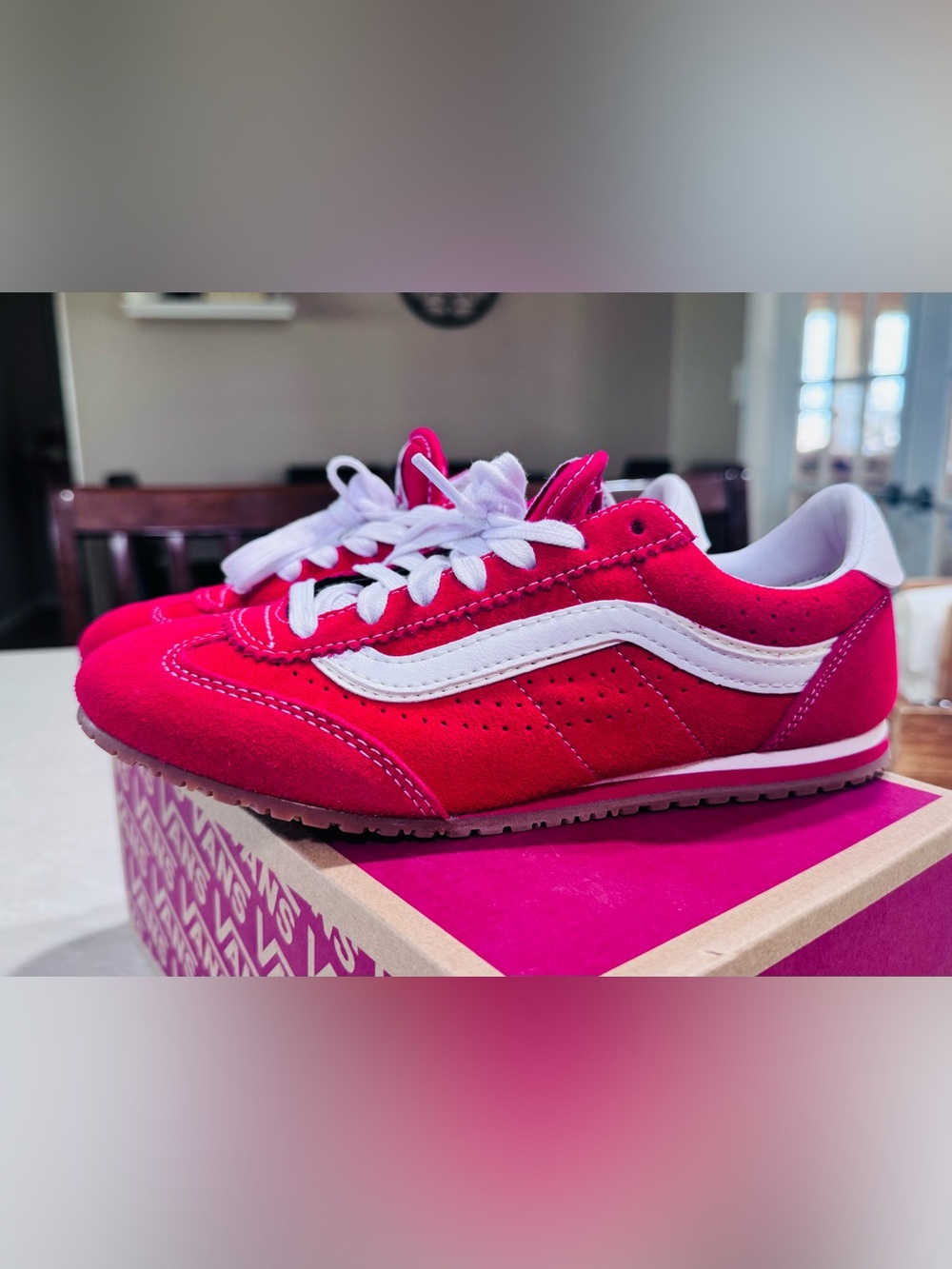 Vans Kids Red Suede Sneakers with White Stripe